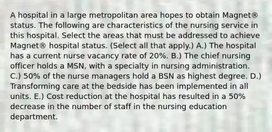 A hospital in a large metropolitan area hopes to obtain Magnet® status. The following are characteristics of the nursing service in this hospital. Select the areas that must be addressed to achieve Magnet® hospital status. (Select all that apply.) A.) The hospital has a current nurse vacancy rate of 20%. B.) The chief nursing officer holds a MSN, with a specialty in nursing administration. C.) 50% of the nurse managers hold a BSN as highest degree. D.) Transforming care at the bedside has been implemented in all units. E.) Cost reduction at the hospital has resulted in a 50% decrease in the number of staff in the nursing education department.