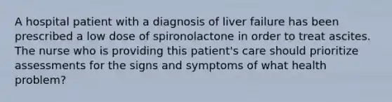 A hospital patient with a diagnosis of liver failure has been prescribed a low dose of spironolactone in order to treat ascites. The nurse who is providing this patient's care should prioritize assessments for the signs and symptoms of what health problem?