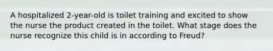 A hospitalized 2-year-old is toilet training and excited to show the nurse the product created in the toilet. What stage does the nurse recognize this child is in according to Freud?