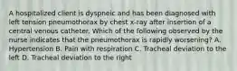 A hospitalized client is dyspneic and has been diagnosed with left tension pneumothorax by chest x-ray after insertion of a central venous catheter. Which of the following observed by the nurse indicates that the pneumothorax is rapidly worsening? A. Hypertension B. Pain with respiration C. Tracheal deviation to the left D. Tracheal deviation to the right