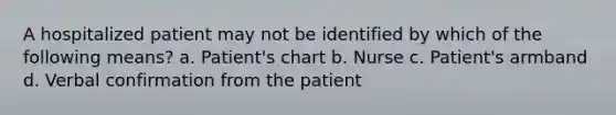 A hospitalized patient may not be identified by which of the following means? a. Patient's chart b. Nurse c. Patient's armband d. Verbal confirmation from the patient