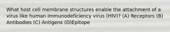 What host cell membrane structures enable the attachment of a virus like human immunodeficiency virus (HIV)? (A) Receptors (B) Antibodies (C) Antigens (D)Epitope