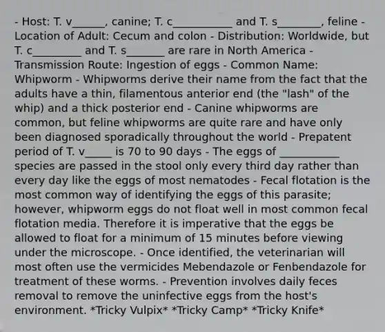 - Host: T. v______, canine; T. c___________ and T. s________, feline - Location of Adult: Cecum and colon - Distribution: Worldwide, but T. c_________ and T. s_______ are rare in North America - Transmission Route: Ingestion of eggs - Common Name: Whipworm - Whipworms derive their name from the fact that the adults have a thin, filamentous anterior end (the "lash" of the whip) and a thick posterior end - Canine whipworms are common, but feline whipworms are quite rare and have only been diagnosed sporadically throughout the world - Prepatent period of T. v_____ is 70 to 90 days - The eggs of ___________ species are passed in the stool only every third day rather than every day like the eggs of most nematodes - Fecal flotation is the most common way of identifying the eggs of this parasite; however, whipworm eggs do not float well in most common fecal flotation media. Therefore it is imperative that the eggs be allowed to float for a minimum of 15 minutes before viewing under the microscope. - Once identified, the veterinarian will most often use the vermicides Mebendazole or Fenbendazole for treatment of these worms. - Prevention involves daily feces removal to remove the uninfective eggs from the host's environment. *Tricky Vulpix* *Tricky Camp* *Tricky Knife*