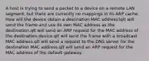 A host is trying to send a packet to a device on a remote LAN segment, but there are currently no mappings in its ARP cache. How will the device obtain a destination MAC address?qIt will send the frame and use its own MAC address as the destination.qIt will send an ARP request for the MAC address of the destination device.qIt will send the frame with a broadcast MAC address.qIt will send a request to the DNS server for the destination MAC address.qIt will send an ARP request for the MAC address of the default gateway.