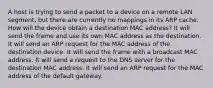 A host is trying to send a packet to a device on a remote LAN segment, but there are currently no mappings in its ARP cache. How will the device obtain a destination MAC address? It will send the frame and use its own MAC address as the destination. It will send an ARP request for the MAC address of the destination device. It will send the frame with a broadcast MAC address. It will send a request to the DNS server for the destination MAC address. It will send an ARP request for the MAC address of the default gateway.