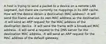 A host is trying to send a packet to a device on a remote LAN segment, but there are currently no mappings in its ARP cache. How will the device obtain a destination MAC address? -It will send the frame and use its own MAC address as the destination. -It will send an ARP request for the MAC address of the destination device. -It will send the frame with a broadcast MAC address. -It will send a request to the DNS server for the destination MAC address. -It will send an ARP request for the MAC address of the default gateway.