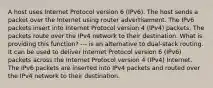 A host uses Internet Protocol version 6 (IPv6). The host sends a packet over the Internet using router advertisement. The IPv6 packets insert into Internet Protocol version 4 (IPv4) packets. The packets route over the IPv4 network to their destination. What is providing this function? --- is an alternative to dual-stack routing. It can be used to deliver Internet Protocol version 6 (IPv6) packets across the Internet Protocol version 4 (IPv4) Internet. The IPv6 packets are inserted into IPv4 packets and routed over the IPv4 network to their destination.