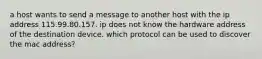 a host wants to send a message to another host with the ip address 115.99.80.157. ip does not know the hardware address of the destination device. which protocol can be used to discover the mac address?