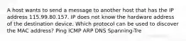 A host wants to send a message to another host that has the IP address 115.99.80.157. IP does not know the hardware address of the destination device. Which protocol can be used to discover the MAC address? Ping ICMP ARP DNS Spanning-Tre