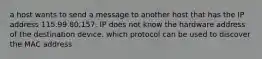 a host wants to send a message to another host that has the IP address 115.99.80.157. IP does not know the hardware address of the destination device. which protocol can be used to discover the MAC address