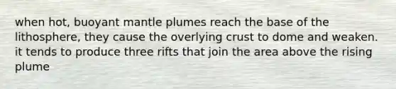 when hot, buoyant mantle plumes reach the base of the lithosphere, they cause the overlying crust to dome and weaken. it tends to produce three rifts that join the area above the rising plume