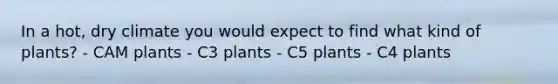 In a hot, dry climate you would expect to find what kind of plants? - CAM plants - C3 plants - C5 plants - C4 plants