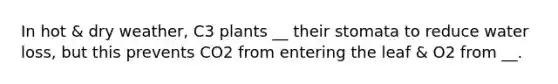 In hot & dry weather, C3 plants __ their stomata to reduce water loss, but this prevents CO2 from entering the leaf & O2 from __.
