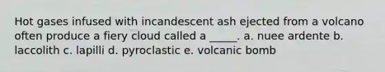 Hot gases infused with incandescent ash ejected from a volcano often produce a fiery cloud called a _____. a. nuee ardente b. laccolith c. lapilli d. pyroclastic e. volcanic bomb