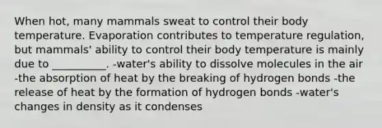 When hot, many mammals sweat to control their body temperature. Evaporation contributes to temperature regulation, but mammals' ability to control their body temperature is mainly due to __________. -water's ability to dissolve molecules in the air -the absorption of heat by the breaking of hydrogen bonds -the release of heat by the formation of hydrogen bonds -water's changes in density as it condenses