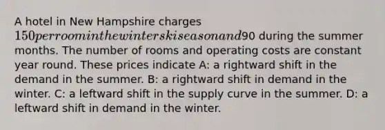 A hotel in New Hampshire charges 150 per room in the winter ski season and90 during the summer months. The number of rooms and operating costs are constant year round. These prices indicate A: a rightward shift in the demand in the summer. B: a rightward shift in demand in the winter. C: a leftward shift in the supply curve in the summer. D: a leftward shift in demand in the winter.