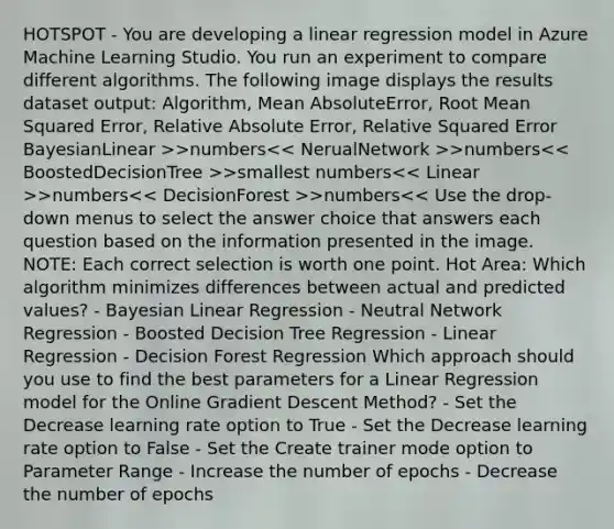 HOTSPOT - You are developing a linear regression model in Azure Machine Learning Studio. You run an experiment to compare different algorithms. The following image displays the results dataset output: Algorithm, Mean AbsoluteError, Root Mean Squared Error, Relative Absolute Error, Relative Squared Error BayesianLinear >>numbers >numbers >smallest numbers >numbers >numbers<< Use the drop-down menus to select the answer choice that answers each question based on the information presented in the image. NOTE: Each correct selection is worth one point. Hot Area: Which algorithm minimizes differences between actual and predicted values? - Bayesian Linear Regression - Neutral Network Regression - Boosted Decision Tree Regression - Linear Regression - Decision Forest Regression Which approach should you use to find the best parameters for a Linear Regression model for the Online Gradient Descent Method? - Set the Decrease learning rate option to True - Set the Decrease learning rate option to False - Set the Create trainer mode option to Parameter Range - Increase the number of epochs - Decrease the number of epochs