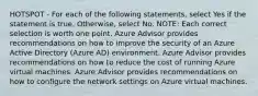 HOTSPOT - For each of the following statements, select Yes if the statement is true. Otherwise, select No. NOTE: Each correct selection is worth one point. Azure Advisor provides recommendations on how to improve the security of an Azure Active Directory (Azure AD) environment. Azure Advisor provides recommendations on how to reduce the cost of running Azure virtual machines. Azure Advisor provides recommendations on how to configure the network settings on Azure virtual machines.