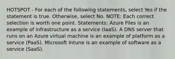 HOTSPOT - For each of the following statements, select Yes if the statement is true. Otherwise, select No. NOTE: Each correct selection is worth one point. Statements: Azure Files is an example of infrastructure as a service (IaaS). A DNS server that runs on an Azure virtual machine is an example of platform as a service (PaaS). Microsoft Intune is an example of software as a service (SaaS).