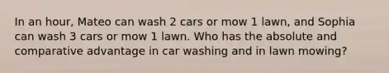 In an hour, Mateo can wash 2 cars or mow 1 lawn, and Sophia can wash 3 cars or mow 1 lawn. Who has the absolute and comparative advantage in car washing and in lawn mowing?