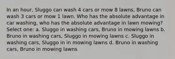 In an hour, Sluggo can wash 4 cars or mow 8 lawns, Bruno can wash 3 cars or mow 1 lawn. Who has the absolute advantage in car washing, who has the absolute advantage in lawn mowing? Select one: a. Sluggo in washing cars, Bruno in mowing lawns b. Bruno in washing cars, Sluggo in mowing lawns c. Sluggo in washing cars, Sluggo in in mowing lawns d. Bruno in washing cars, Bruno in mowing lawns