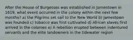 After the House of Burgesses was established in Jamestown in 1619, what event occurred in the colony within the next few months? a) the Pilgrims set sail to the New World b) Jamestown was founded c) tobacco was first cultivated d) African slaves first arrived in the colonies e) A rebellion erupted between indentured servants and the elite landowners in the tidewater region