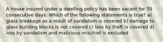 A house insured under a dwelling policy has been vacant for 70 consecutive days. Which of the following statements is true? a) glass breakage as a result of vandalism is covered b) damage to glass building blocks is not covered c) loss by theft is covered d) loss by vandalism and malicious mischief is excluded