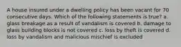 A house insured under a dwelling policy has been vacant for 70 consecutive days. Which of the following statements is true? a. glass breakage as a result of vandalism is covered b. damage to glass building blocks is not covered c. loss by theft is covered d. loss by vandalism and malicious mischief is excluded