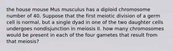 the house mouse Mus musculus has a diploid chromosome number of 40. Suppose that the first meiotic division of a germ cell is normal, but a single dyad in one of the two daughter cells undergoes nondisjunction in meiosis II. how many chromosomes would be present in each of the four gametes that result from that meiosis?