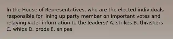 In the House of Representatives, who are the elected individuals responsible for lining up party member on important votes and relaying voter information to the leaders? A. strikes B. thrashers C. whips D. prods E. snipes