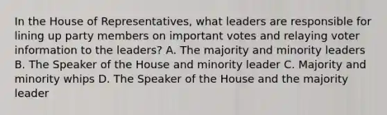 In the House of Representatives, what leaders are responsible for lining up party members on important votes and relaying voter information to the leaders? A. The majority and minority leaders B. The Speaker of the House and minority leader C. Majority and minority whips D. The Speaker of the House and the majority leader