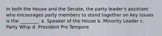 In both the House and the Senate, the party leader's assistant who encourages party members to stand together on key issues is the ________. a. Speaker of the House b. Minority Leader c. Party Whip d. President Pro Tempore