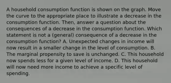 A household consumption function is shown on the graph. Move the curve to the appropriate place to illustrate a decrease in the consumption function. Then, answer a question about the consequences of a decrease in the consumption function. Which statement is not a (general) consequence of a decrease in the consumption function? A. Unexpected changes in income will now result in a smaller change in the level of consumption. B. The marginal propensity to save is unchanged. C. This household now spends less for a given level of income. D. This household will now need more income to achieve a specific level of spending.