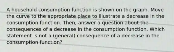 A household consumption function is shown on the graph. Move the curve to the appropriate place to illustrate a decrease in the consumption function. Then, answer a question about the consequences of a decrease in the consumption function. Which statement is not a (general) consequence of a decrease in the consumption function?