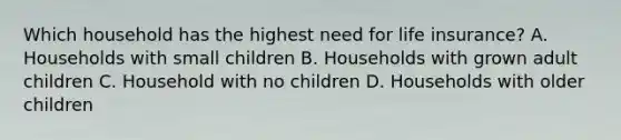 Which household has the highest need for life insurance? A. Households with small children B. Households with grown adult children C. Household with no children D. Households with older children