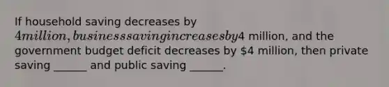 If household saving decreases by 4 million, business saving increases by4 million, and the government budget deficit decreases by 4 million, then private saving ______ and public saving ______.