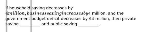 If household saving decreases by 4 million, business saving increases by4 million, and the government budget deficit decreases by 4 million, then private saving __________ and public saving __________.