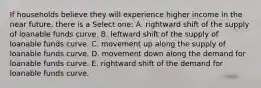 If households believe they will experience higher income in the near future, there is a Select one: A. rightward shift of the supply of loanable funds curve. B. leftward shift of the supply of loanable funds curve. C. movement up along the supply of loanable funds curve. D. movement down along the demand for loanable funds curve. E. rightward shift of the demand for loanable funds curve.