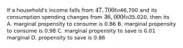 If a household's income falls from 47,700 to46,700 and its consumption spending changes from 36,000 to35,020, then its A. marginal propensity to consume is 0.86 B. marginal propensity to consume is 0.98 C. marginal propensity to save is 0.01 marginal D. propensity to save is 0.86