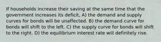 If households increase their saving at the same time that the government increases its deficit, A) the demand and supply curves for bonds will be unaffected. B) the demand curve for bonds will shift to the left. C) the supply curve for bonds will shift to the right. D) the equilibrium interest rate will definitely rise.