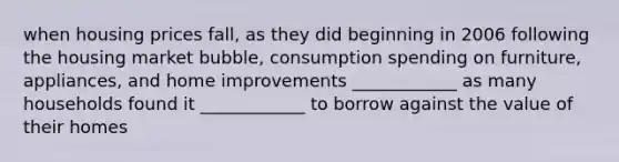 when housing prices fall, as they did beginning in 2006 following the housing market bubble, consumption spending on furniture, appliances, and home improvements ____________ as many households found it ____________ to borrow against the value of their homes