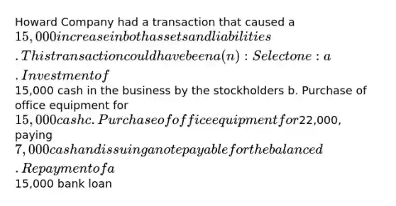 Howard Company had a transaction that caused a 15,000 increase in both assets and liabilities. This transaction could have been a(n): Select one: a. Investment of15,000 cash in the business by the stockholders b. Purchase of office equipment for 15,000 cash c. Purchase of office equipment for22,000, paying7,000 cash and issuing a note payable for the balance d. Repayment of a15,000 bank loan