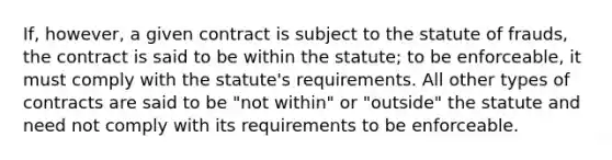 If, however, a given contract is subject to the statute of frauds, the contract is said to be within the statute; to be enforceable, it must comply with the statute's requirements. All other types of contracts are said to be "not within" or "outside" the statute and need not comply with its requirements to be enforceable.