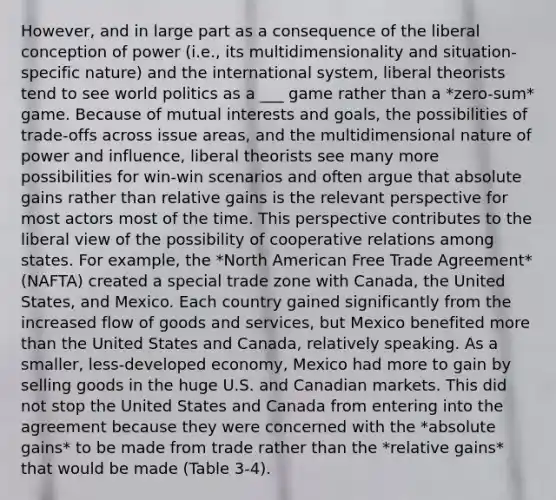 However, and in large part as a consequence of the liberal conception of power (i.e., its multidimensionality and situation-specific nature) and the international system, liberal theorists tend to see world politics as a ___ game rather than a *zero-sum* game. Because of mutual interests and goals, the possibilities of trade-offs across issue areas, and the multidimensional nature of power and influence, liberal theorists see many more possibilities for win-win scenarios and often argue that absolute gains rather than relative gains is the relevant perspective for most actors most of the time. This perspective contributes to the liberal view of the possibility of cooperative relations among states. For example, the *North American Free Trade Agreement* (NAFTA) created a special trade zone with Canada, the United States, and Mexico. Each country gained significantly from the increased flow of goods and services, but Mexico benefited more than the United States and Canada, relatively speaking. As a smaller, less-developed economy, Mexico had more to gain by selling goods in the huge U.S. and Canadian markets. This did not stop the United States and Canada from entering into the agreement because they were concerned with the *absolute gains* to be made from trade rather than the *relative gains* that would be made (Table 3-4).