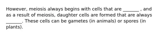 However, meiosis always begins with cells that are _______ , and as a result of meiosis, daughter cells are formed that are always _______. These cells can be gametes (in animals) or spores (in plants).