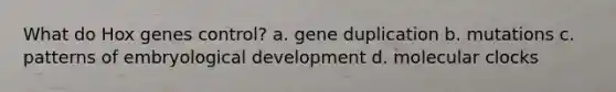 What do Hox genes control? a. gene duplication b. mutations c. patterns of embryological development d. molecular clocks