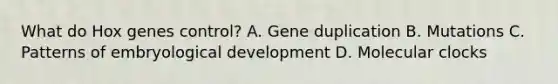 What do Hox genes control? A. Gene duplication B. Mutations C. Patterns of embryological development D. Molecular clocks