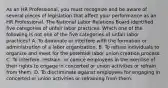 As an HR Professional, you must recognize and be aware of several pieces of legislation that affect your performance as an HR Professional. The National Labor Relations Board identified five categories of unfair labor practices. Which one of the following is not one of the five categories of unfair labor practices? A. To dominate or interfere with the formation or administration of a labor organization. B. To refuse individuals to organize and meet for the potential labor union creation process. C. To interfere, restrain, or coerce employees in the exercise of their rights to engage in concerted or union activities or refrain from them. D. To discriminate against employees for engaging in concerted or union activities or refraining from them.