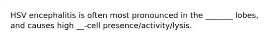 HSV encephalitis is often most pronounced in the _______ lobes, and causes high __-cell presence/activity/lysis.