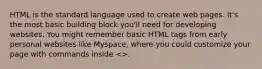 HTML is the standard language used to create web pages. It's the most basic building block you'll need for developing websites. You might remember basic HTML tags from early personal websites like Myspace, where you could customize your page with commands inside <>.